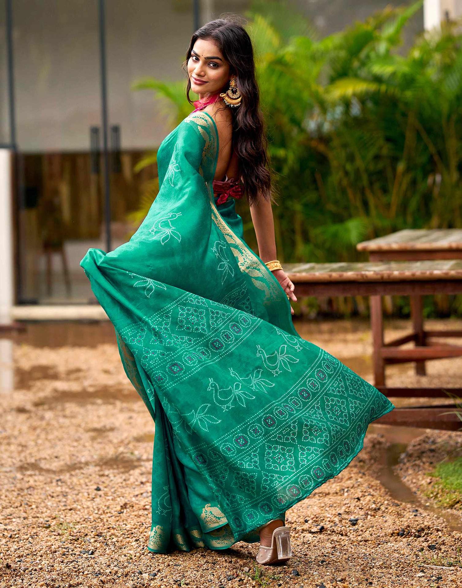 Teal Green Silk Bandhani Printed Saree