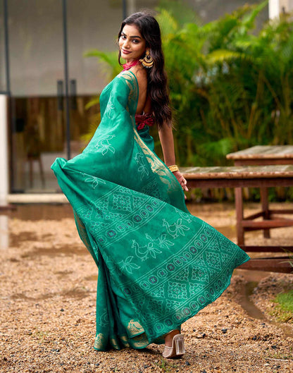 Teal Green Silk Bandhani Printed Saree