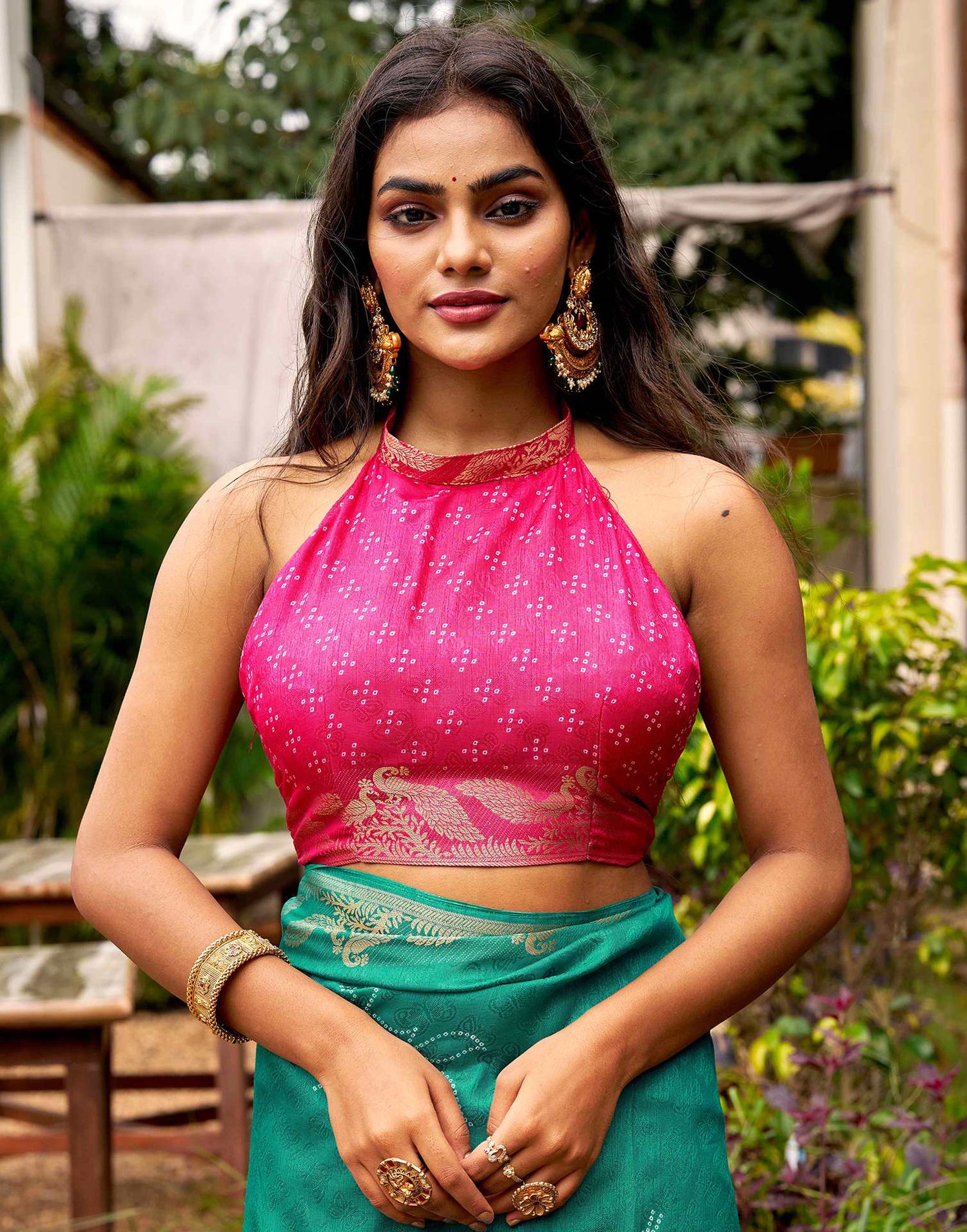 Teal Green Silk Bandhani Printed Saree