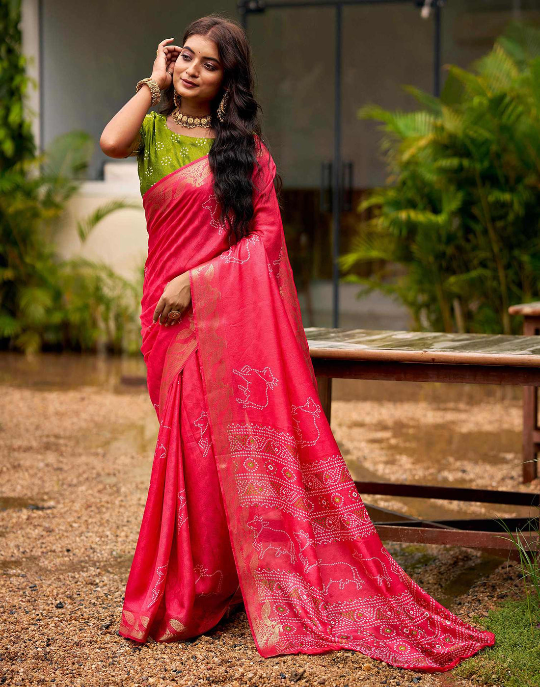 Coral Pink Silk Bandhani Printed Saree