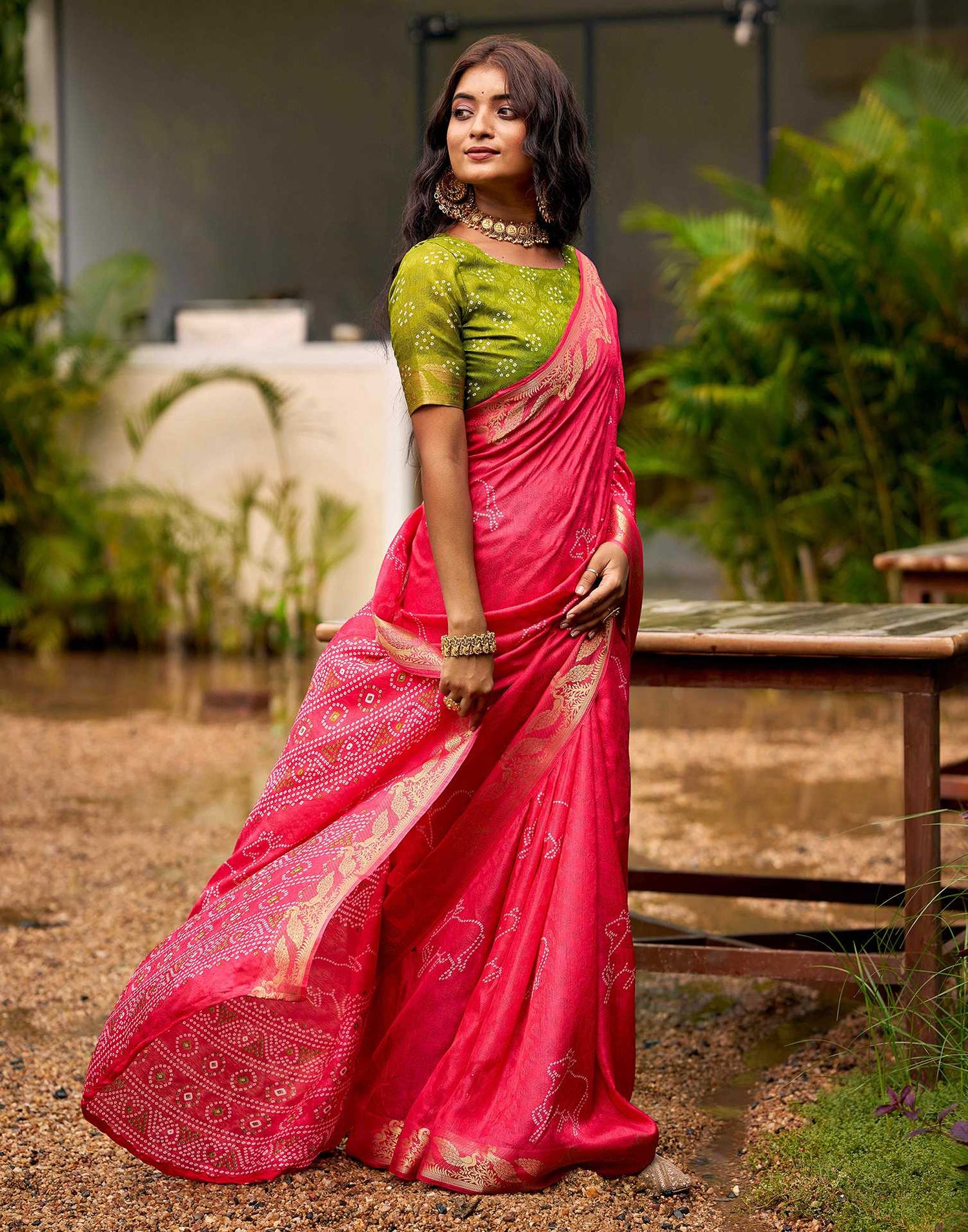 Coral Pink Silk Bandhani Printed Saree