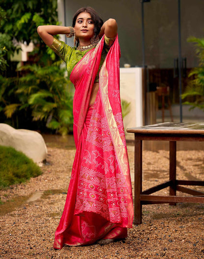 Coral Pink Silk Bandhani Printed Saree