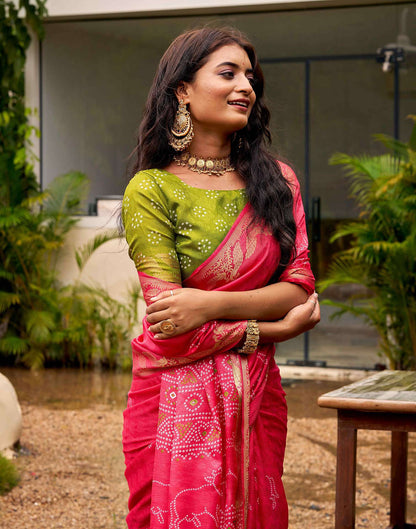 Coral Pink Silk Bandhani Printed Saree