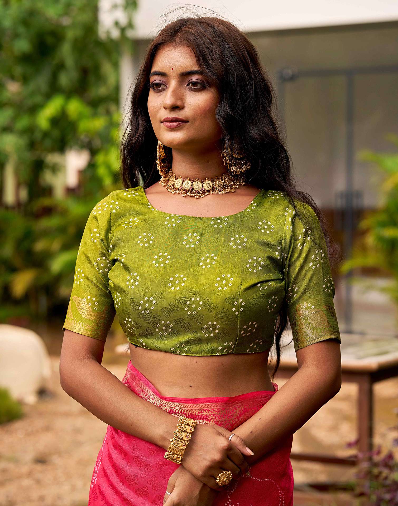 Coral Pink Silk Bandhani Printed Saree