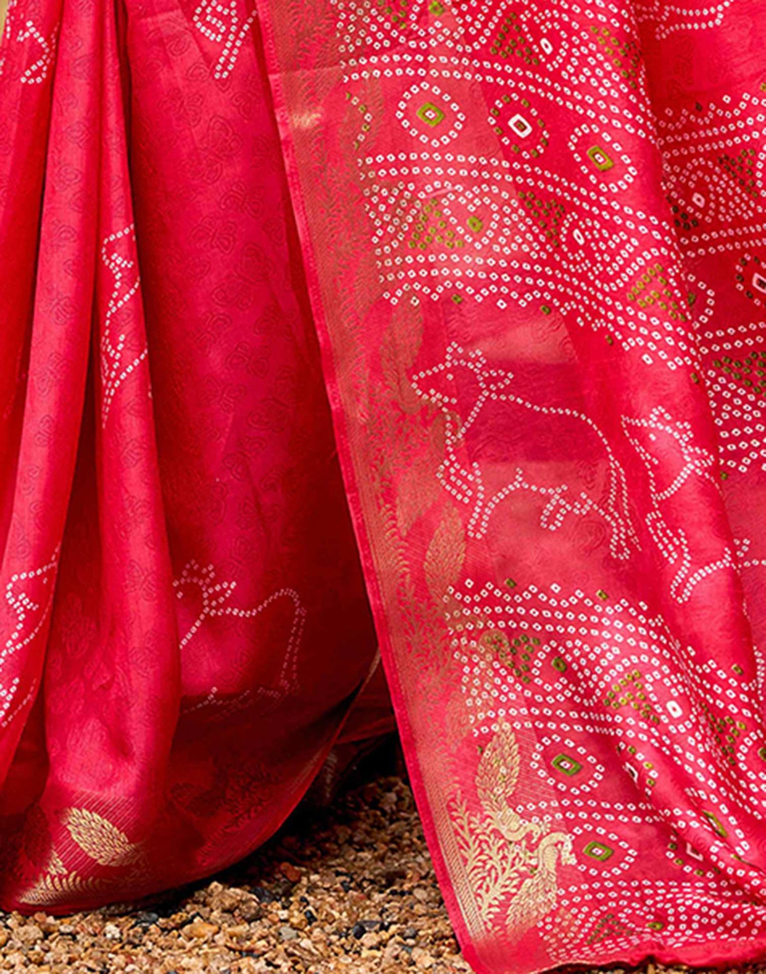 Coral Pink Silk Bandhani Printed Saree