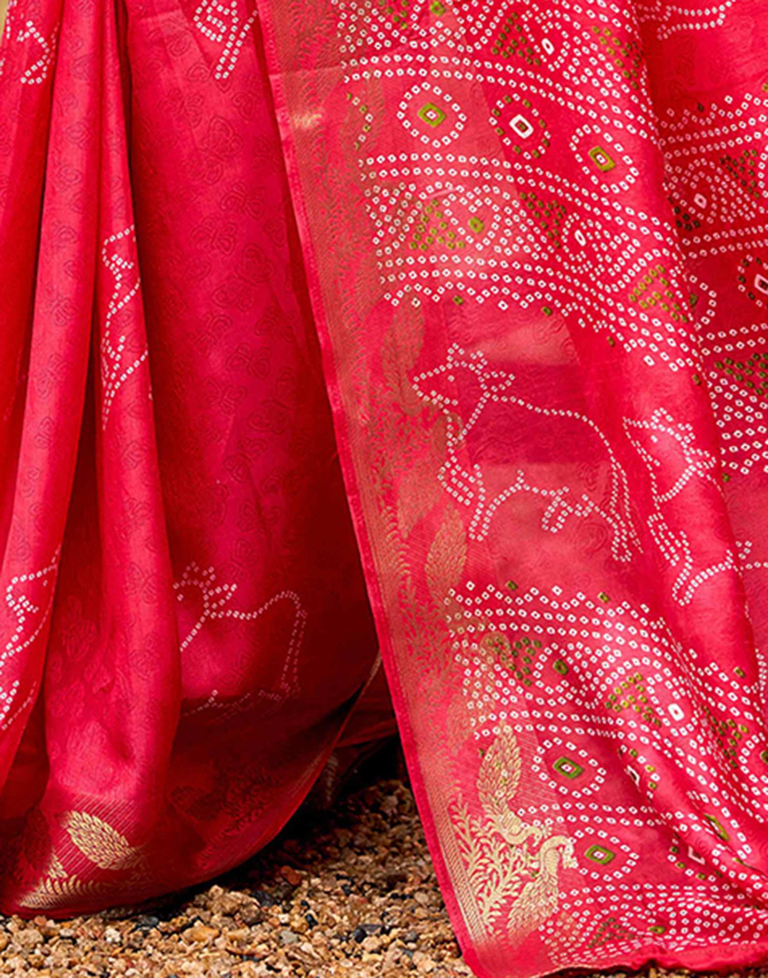 Coral Pink Silk Bandhani Printed Saree