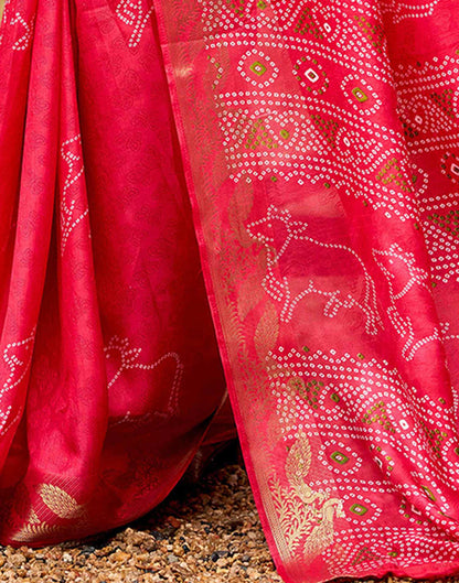 Coral Pink Silk Bandhani Printed Saree