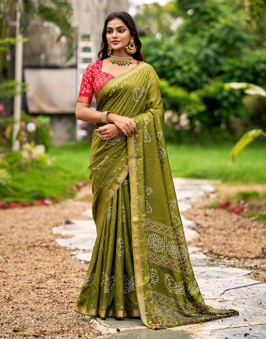 Mehandi Green Silk Bandhani Printed Saree