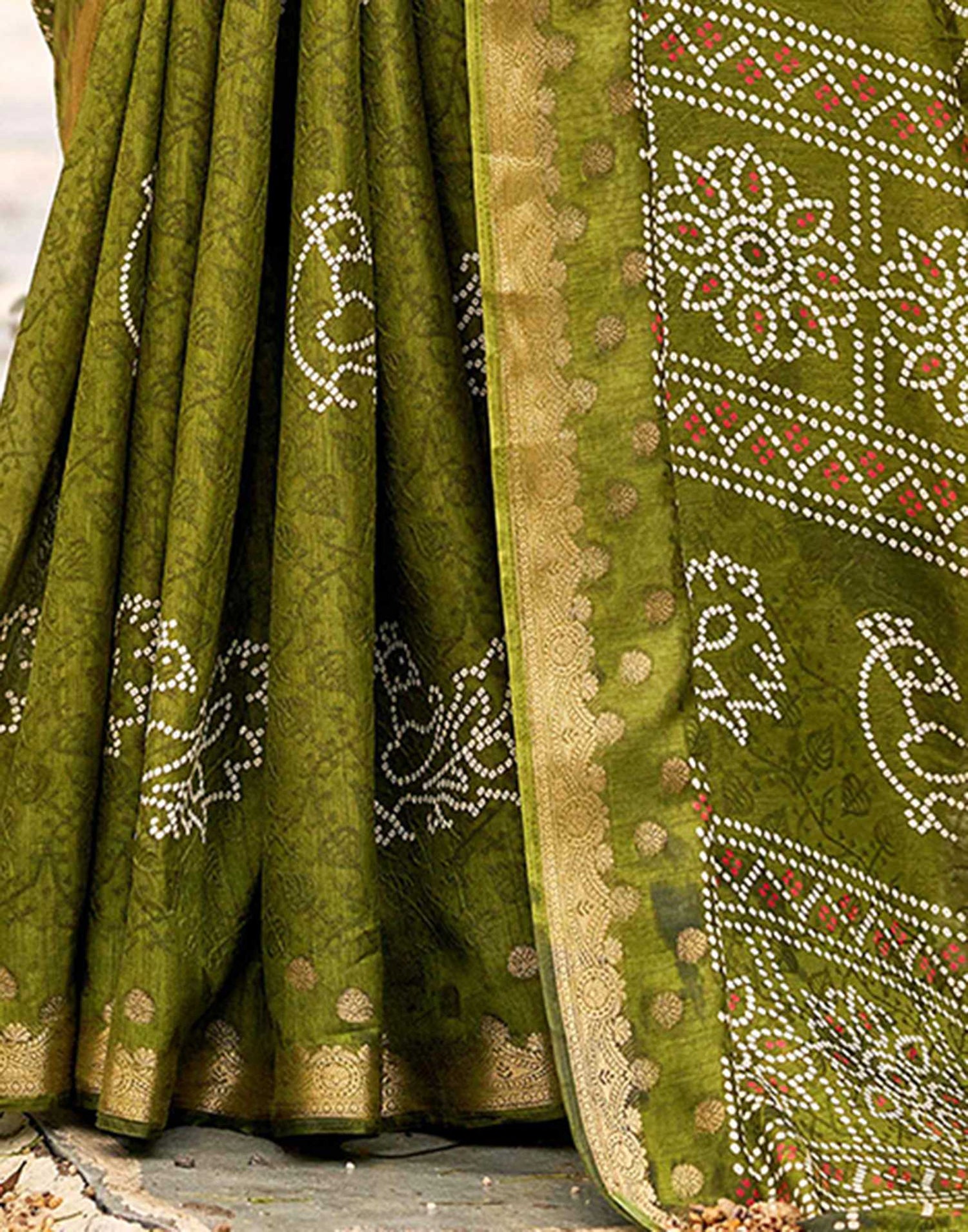 Mehandi Green Silk Bandhani Printed Saree