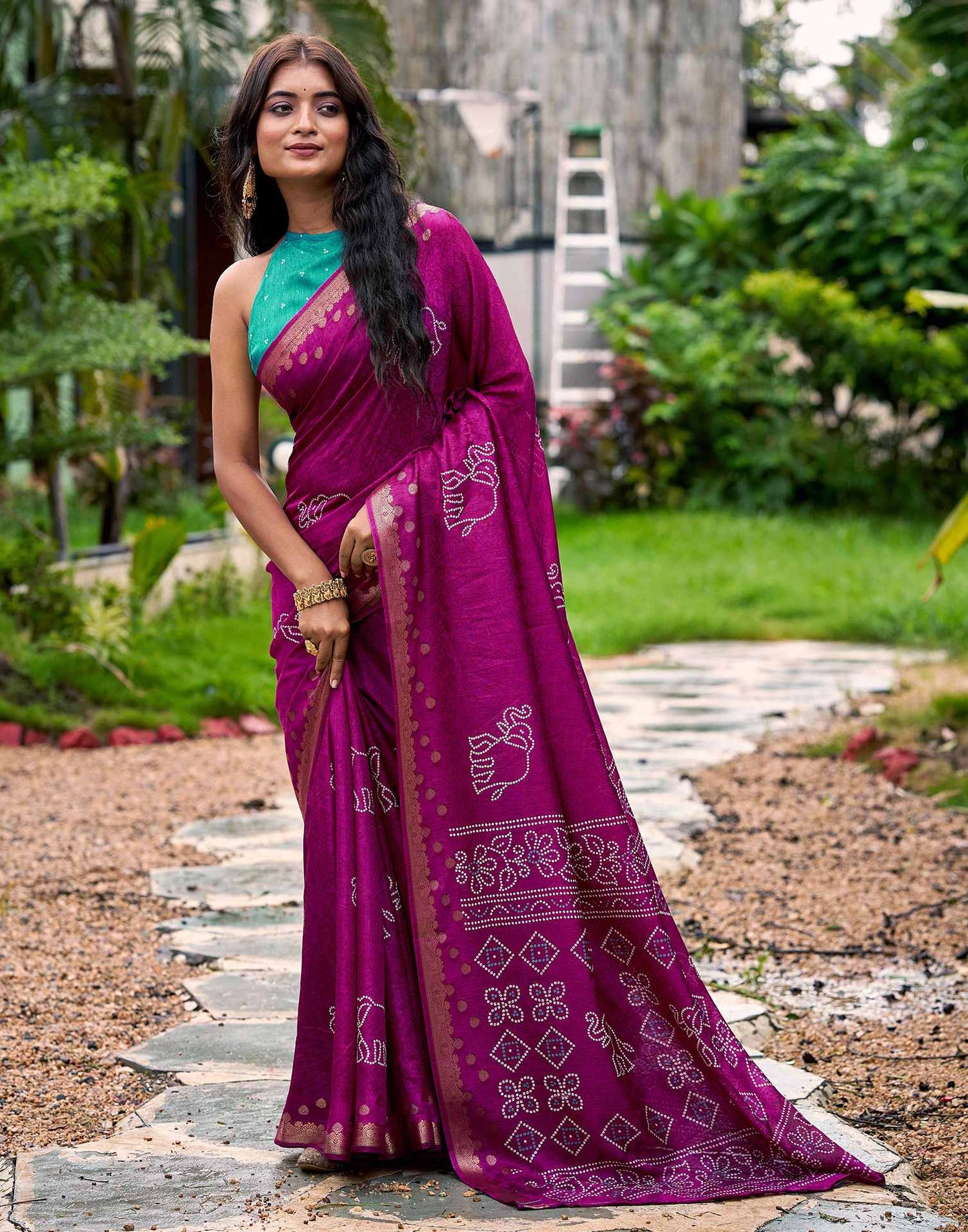 Magenta Silk Bandhani Printed Saree