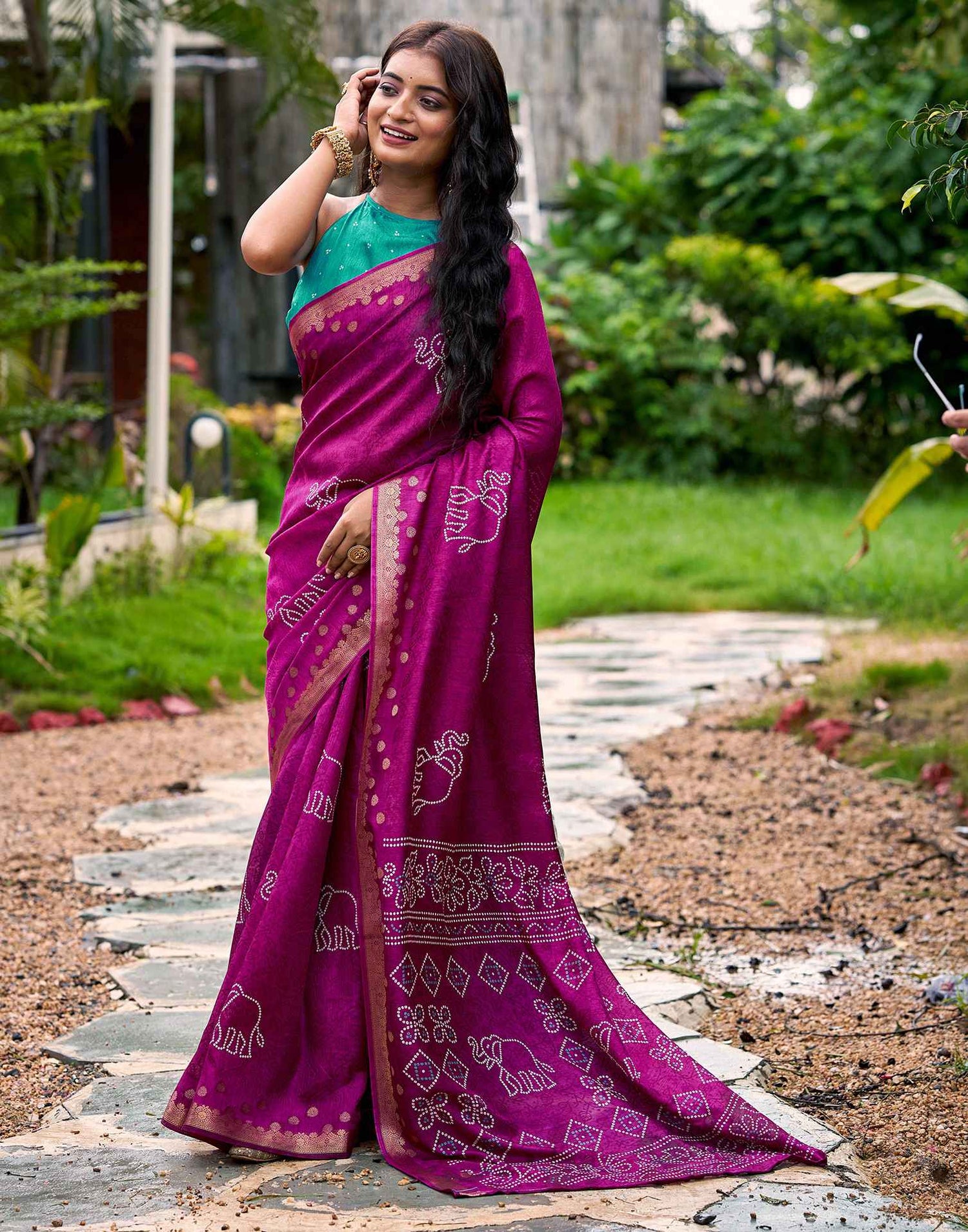 Magenta Silk Bandhani Printed Saree