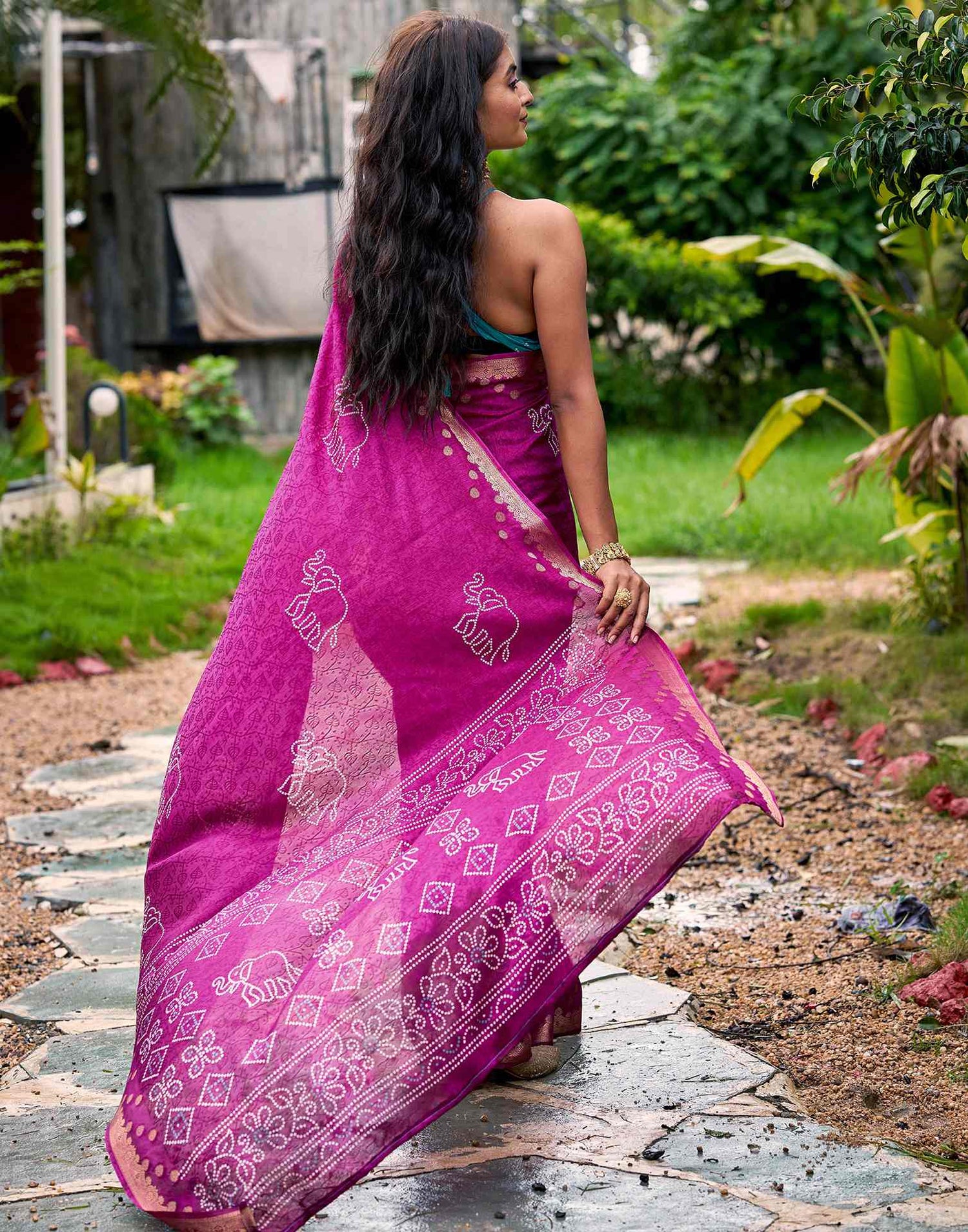 Magenta Silk Bandhani Printed Saree