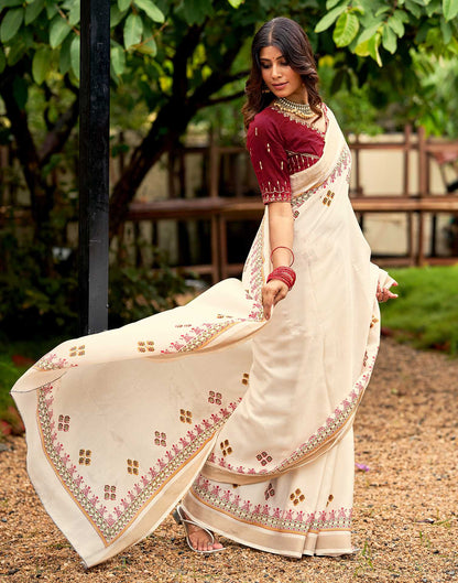 Cream Tussar Silk Printed Saree