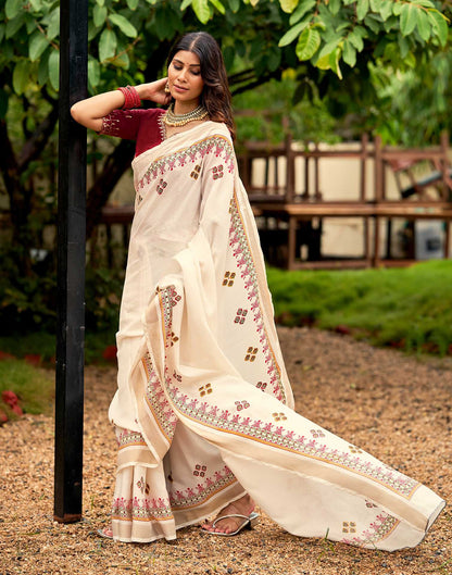 Cream Tussar Silk Printed Saree