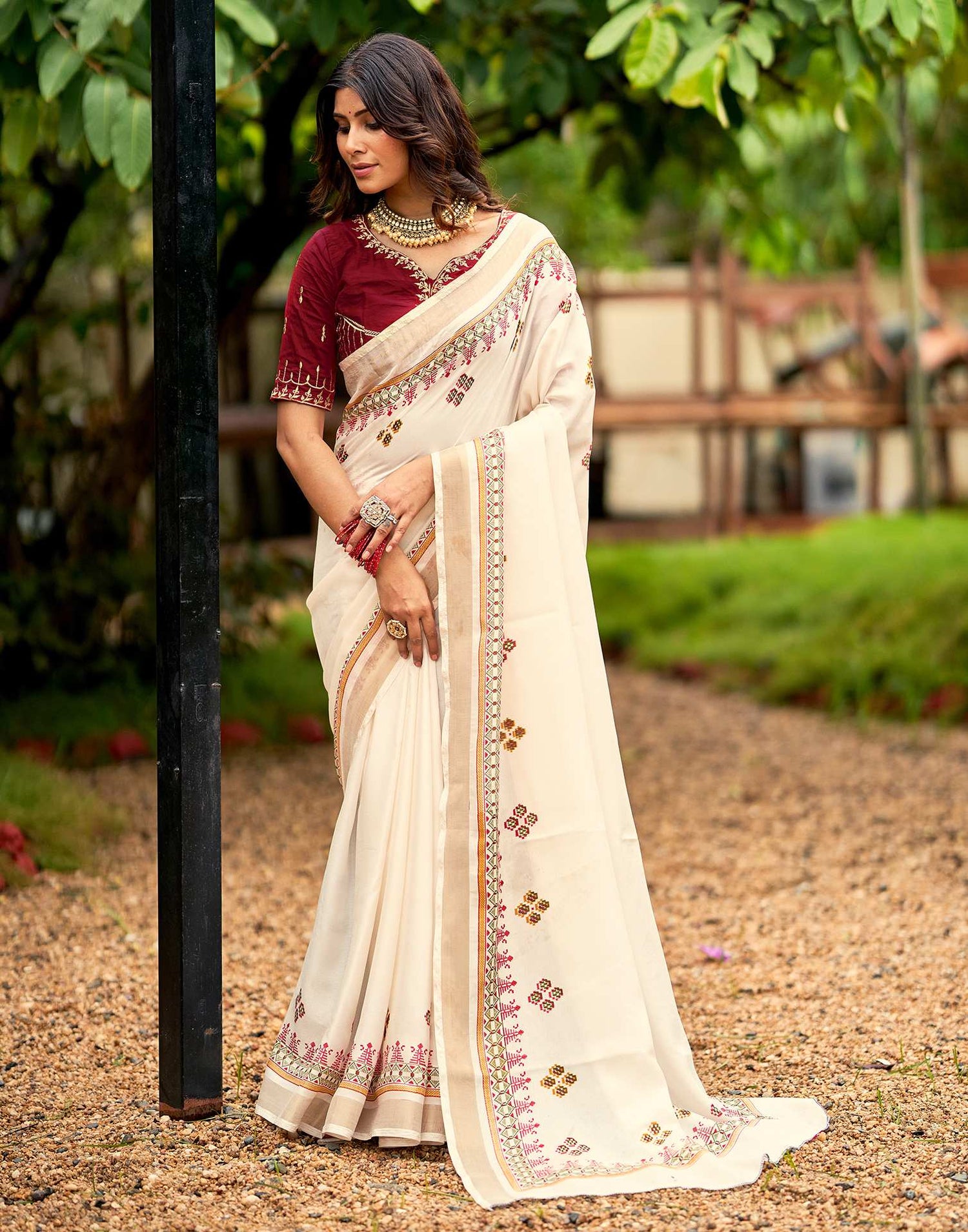 Cream Tussar Silk Printed Saree