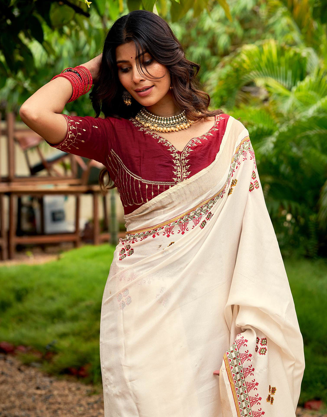 Cream Tussar Silk Printed Saree