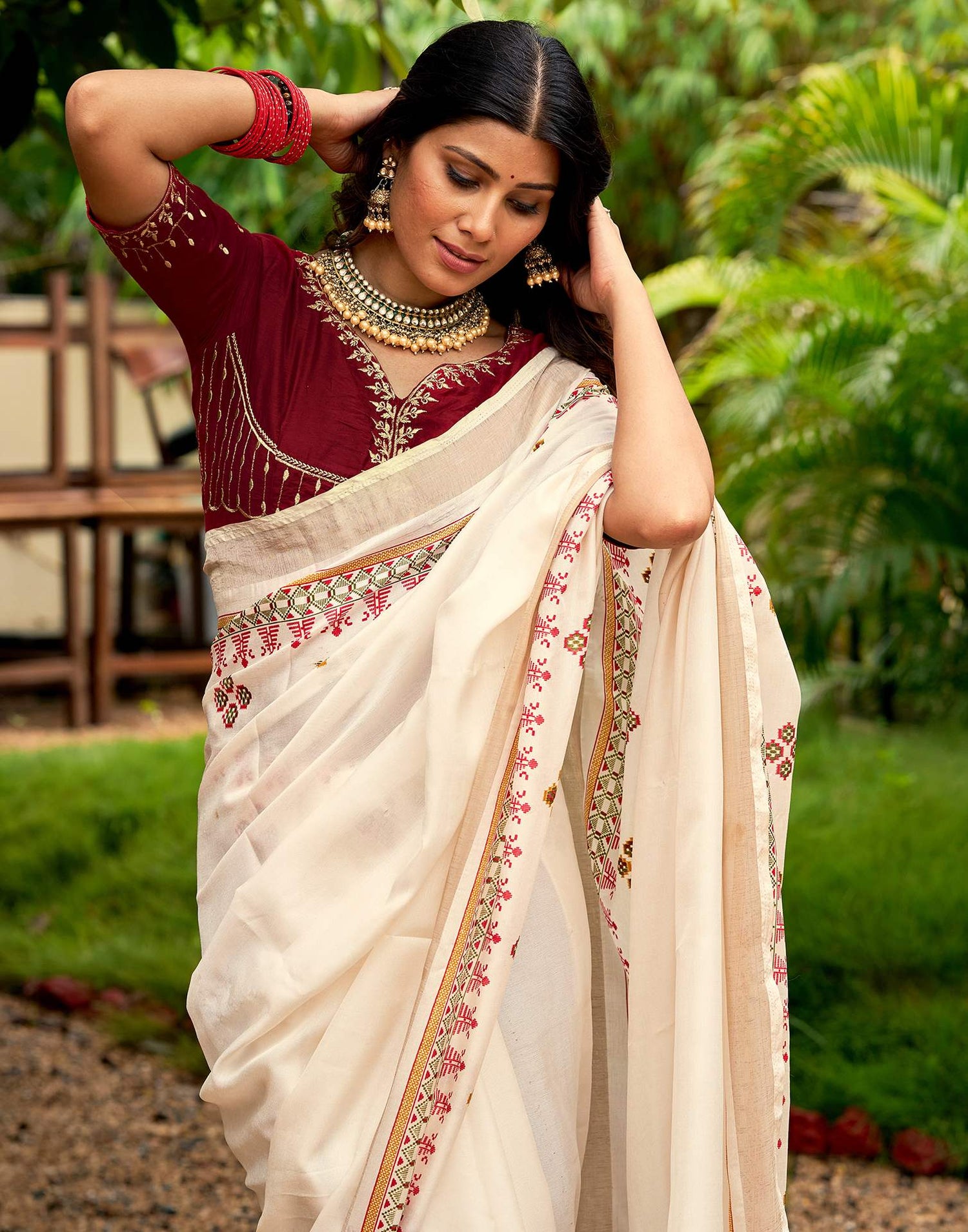 Cream Tussar Silk Printed Saree