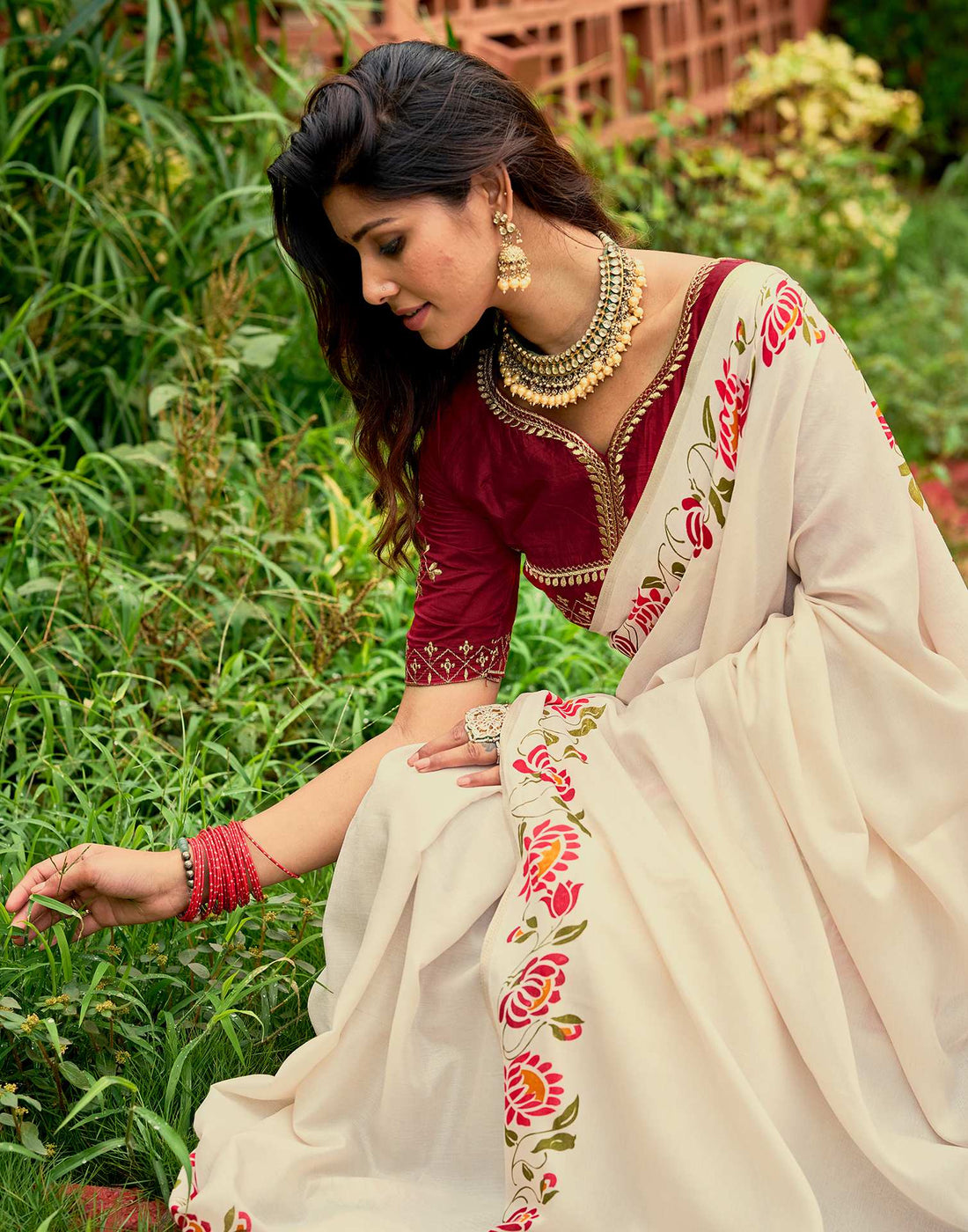 Cream Tussar Silk Printed Saree