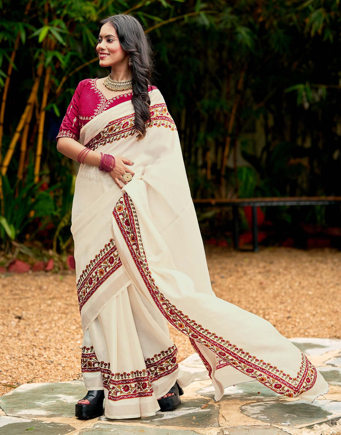 Cream Tussar Silk Printed Saree
