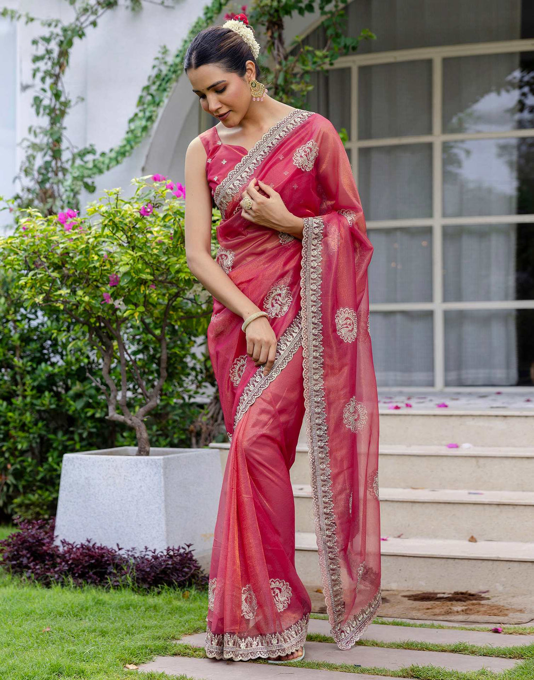 Rani Pink Shimmer Embroidery Saree