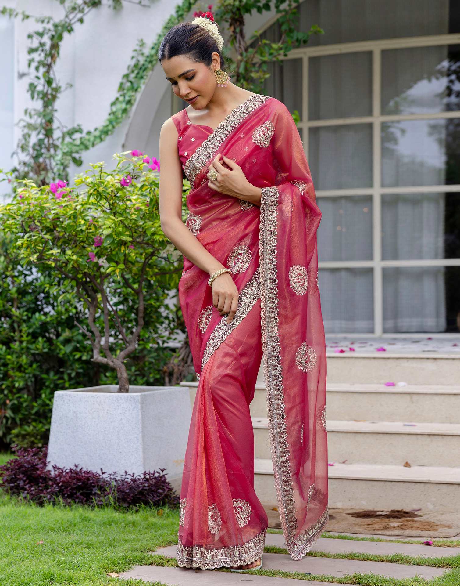 Rani Pink Shimmer Embroidery Saree