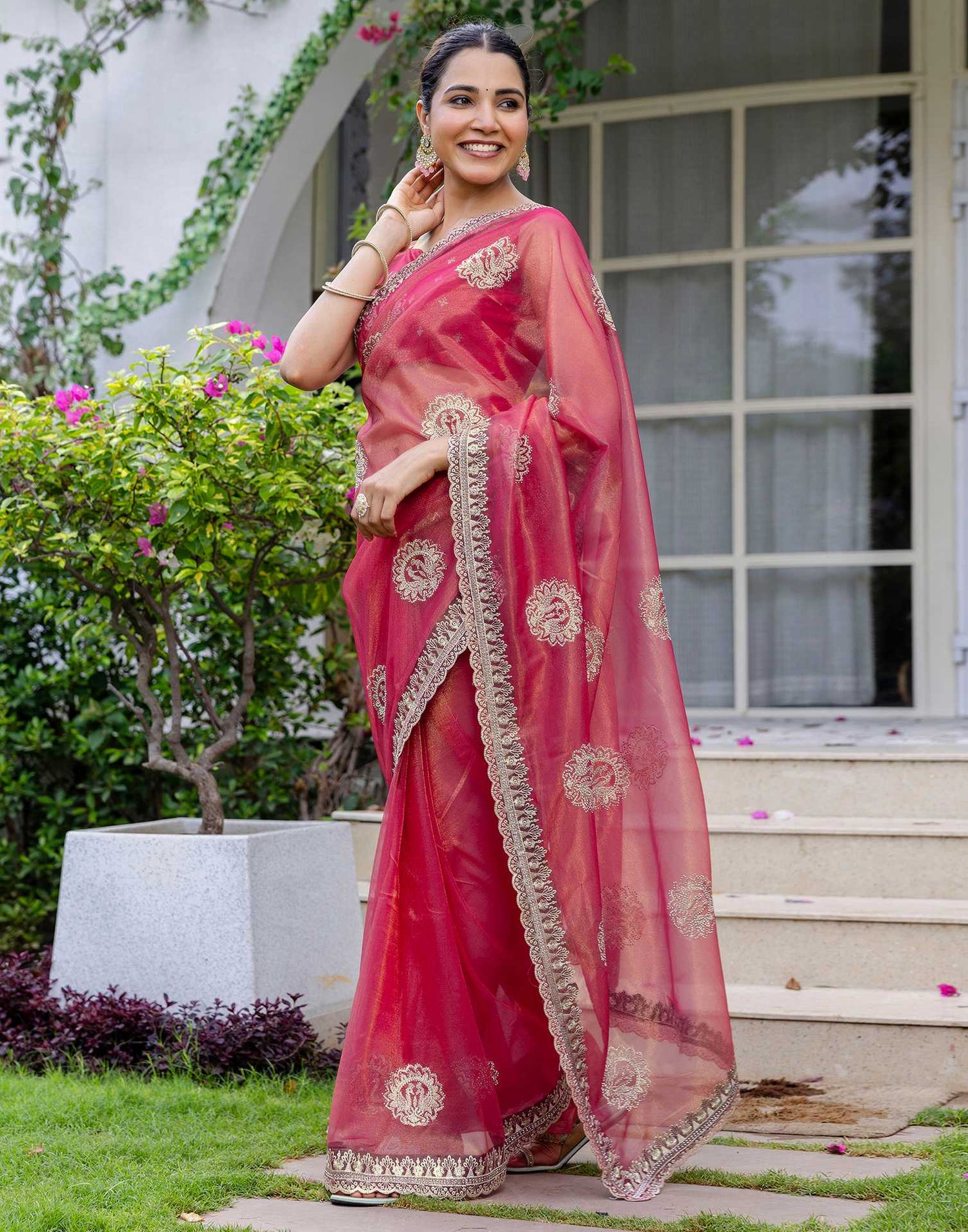Rani Pink Shimmer Embroidery Saree