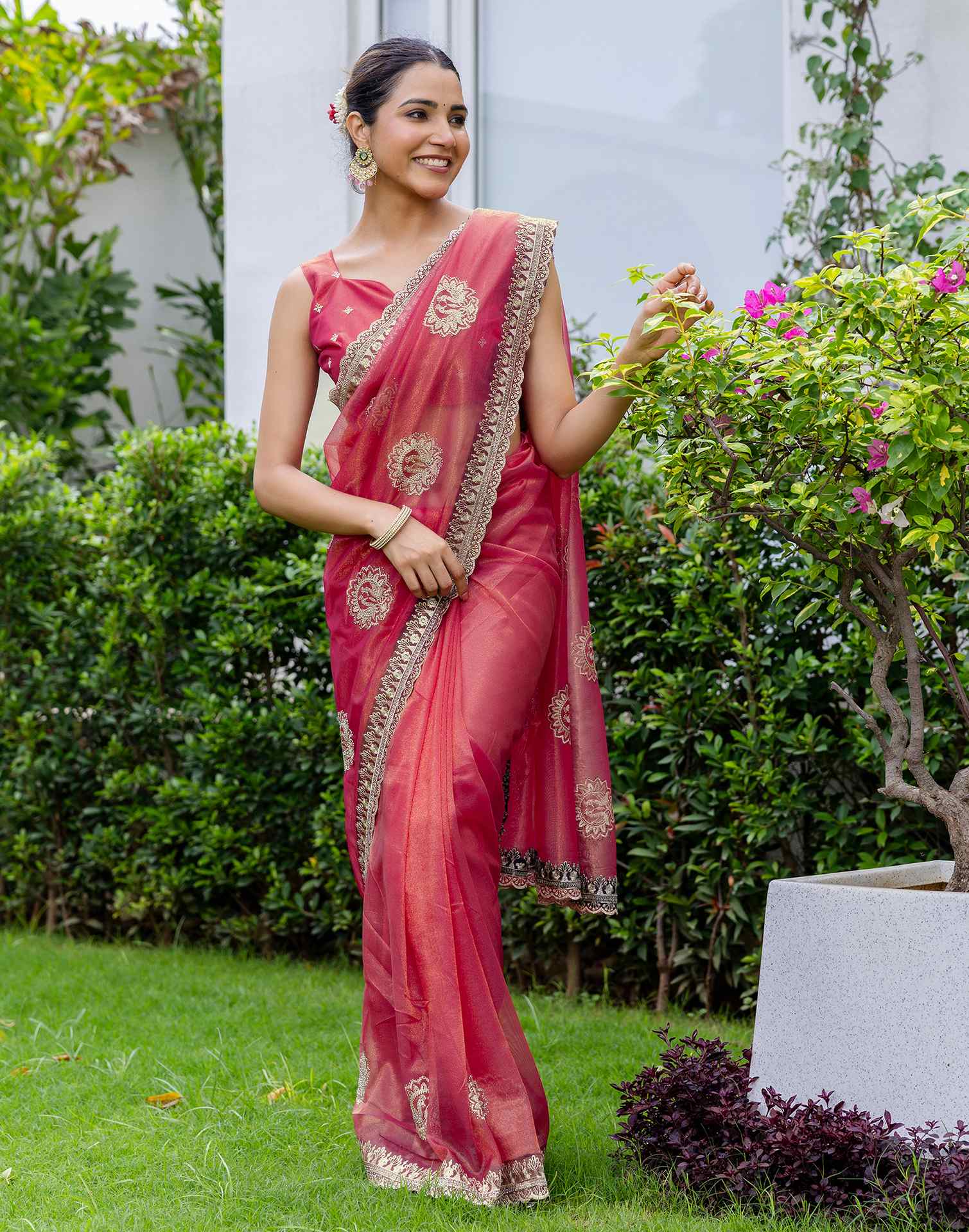 Rani Pink Shimmer Embroidery Saree