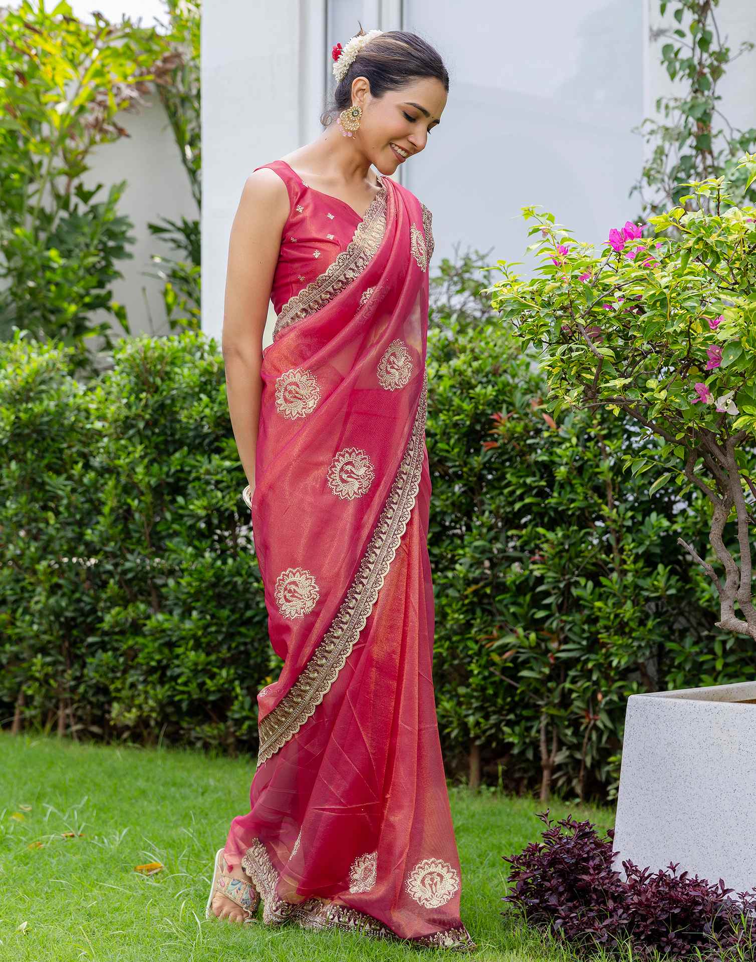 Rani Pink Shimmer Embroidery Saree