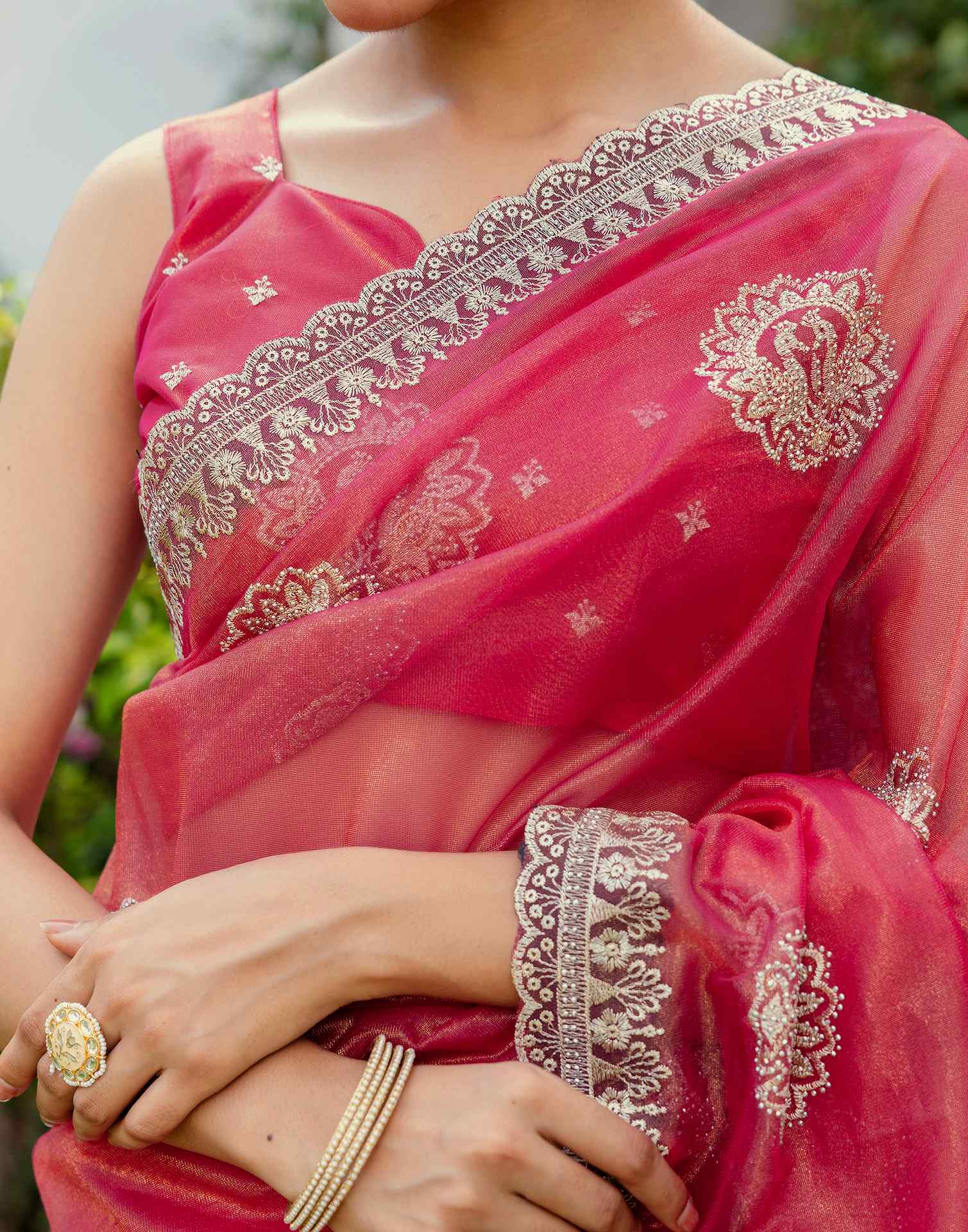 Rani Pink Shimmer Embroidery Saree