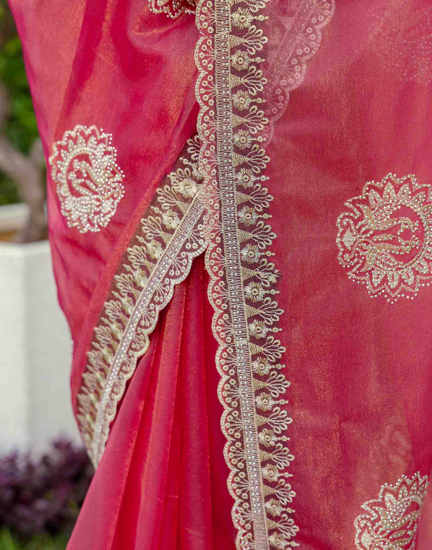 Rani Pink Shimmer Embroidery Saree