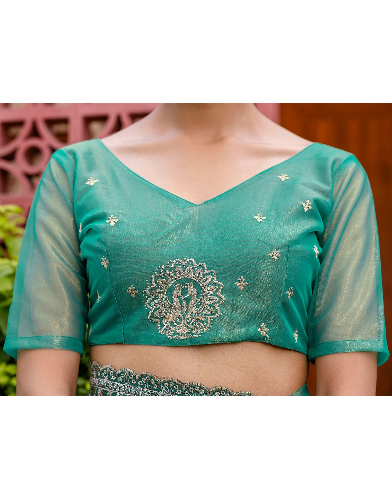 Teal Blue Shimmer Embroidery Saree