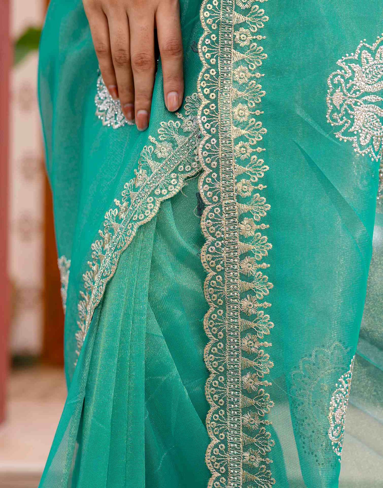 Teal Blue Shimmer Embroidery Saree