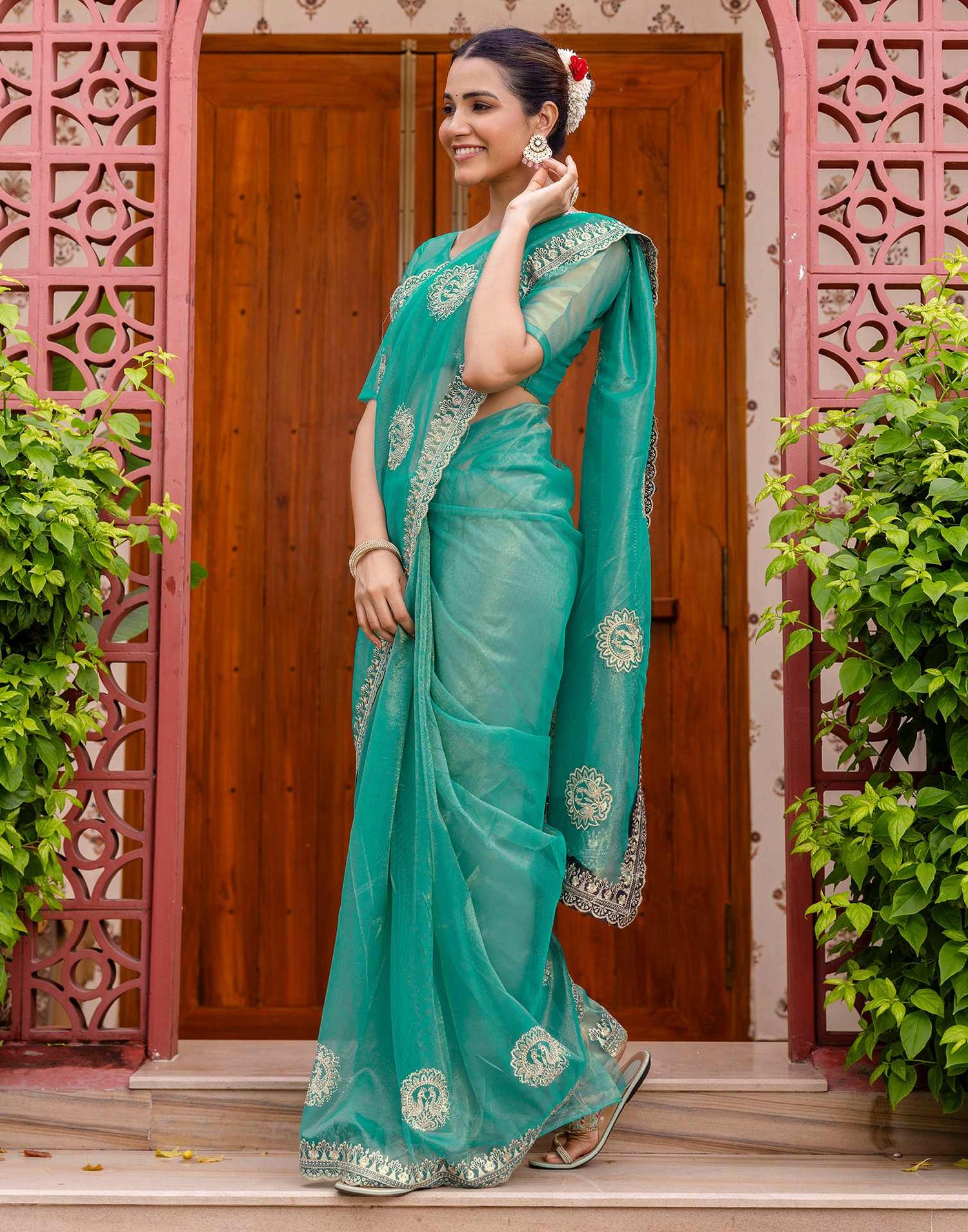 Teal Blue Shimmer Embroidery Saree