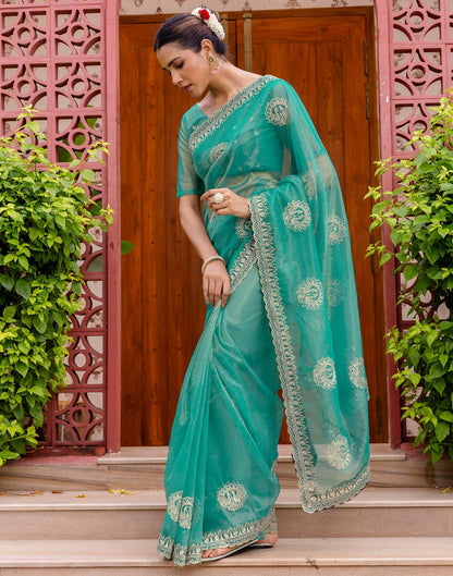 Teal Blue Shimmer Embroidery Saree