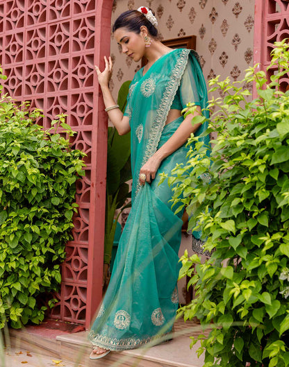 Teal Blue Shimmer Embroidery Saree