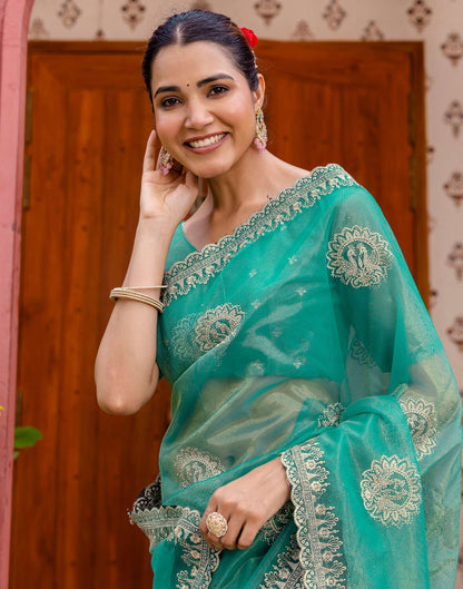 Teal Blue Shimmer Embroidery Saree