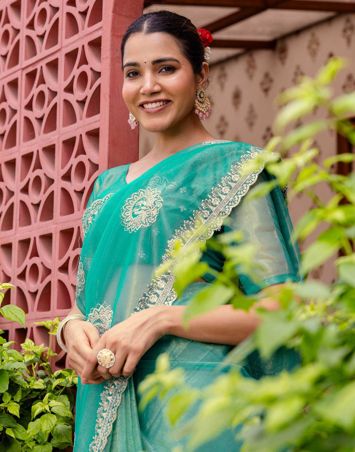 Teal Blue Shimmer Embroidery Saree