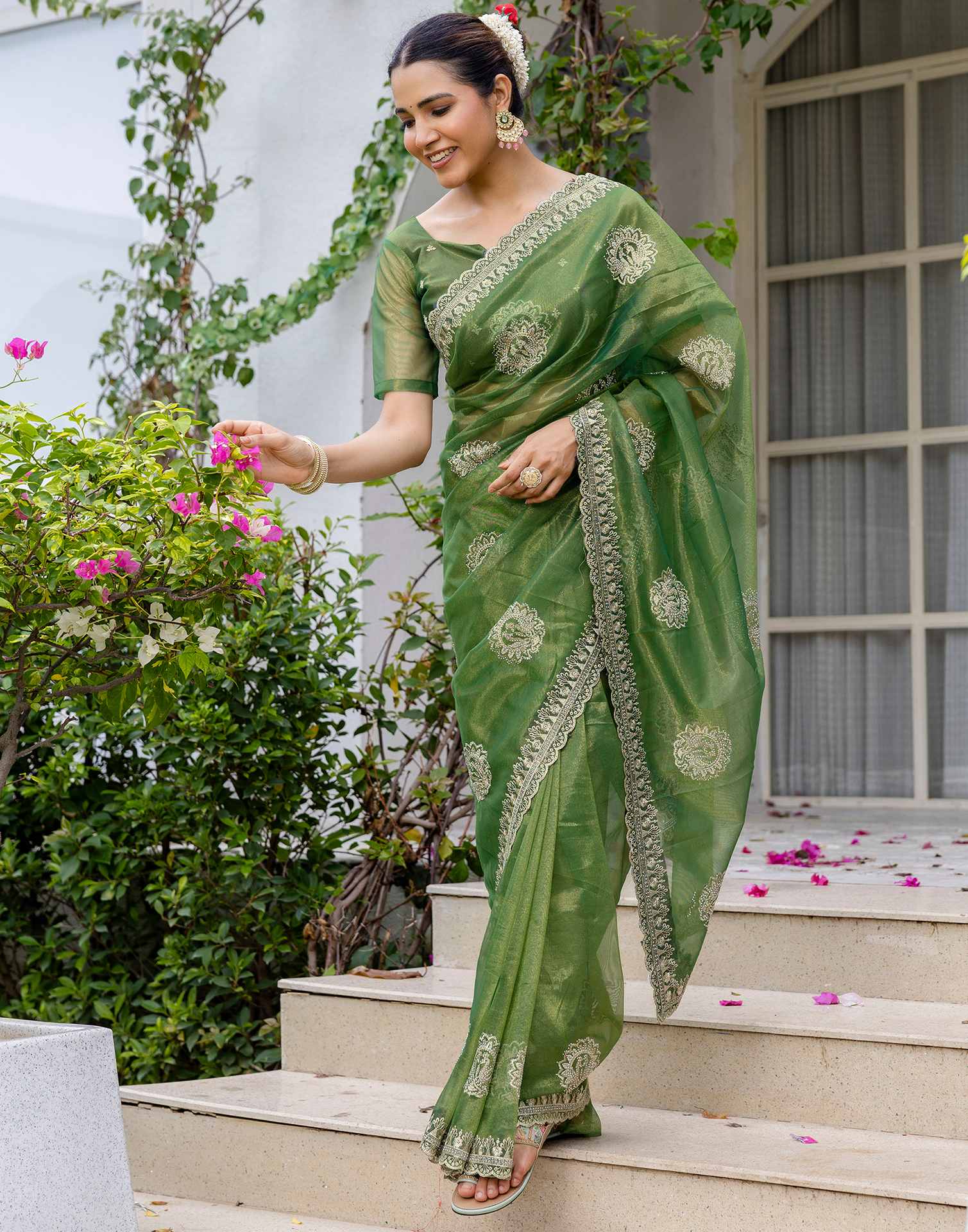 Mehandi Green Shimmer Embroidery Saree