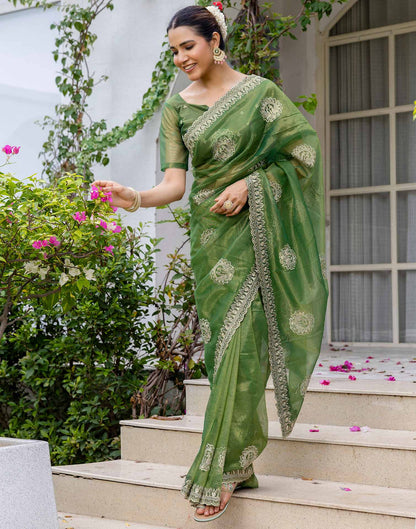 Mehandi Green Shimmer Embroidery Saree