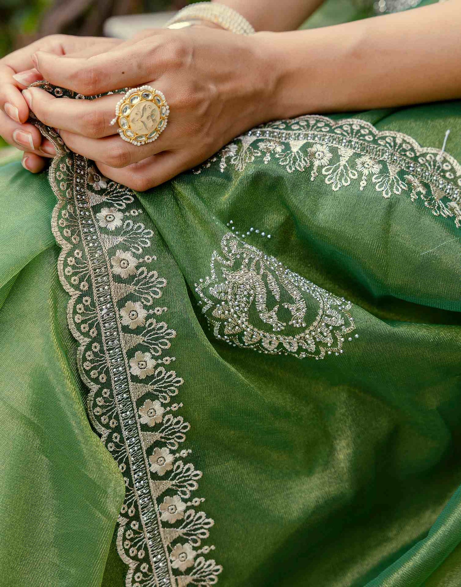 Mehandi Green Shimmer Embroidery Saree