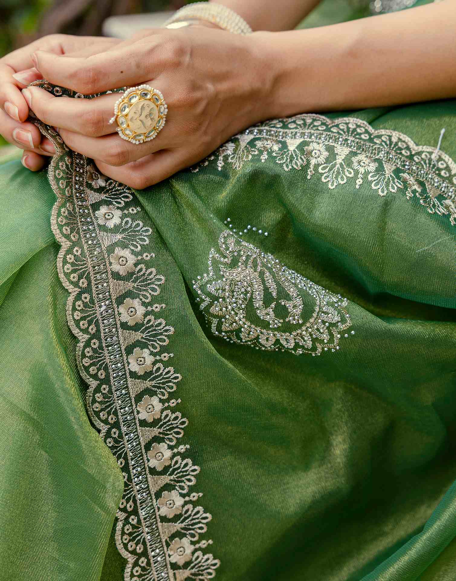 Mehandi Green Shimmer Embroidery Saree