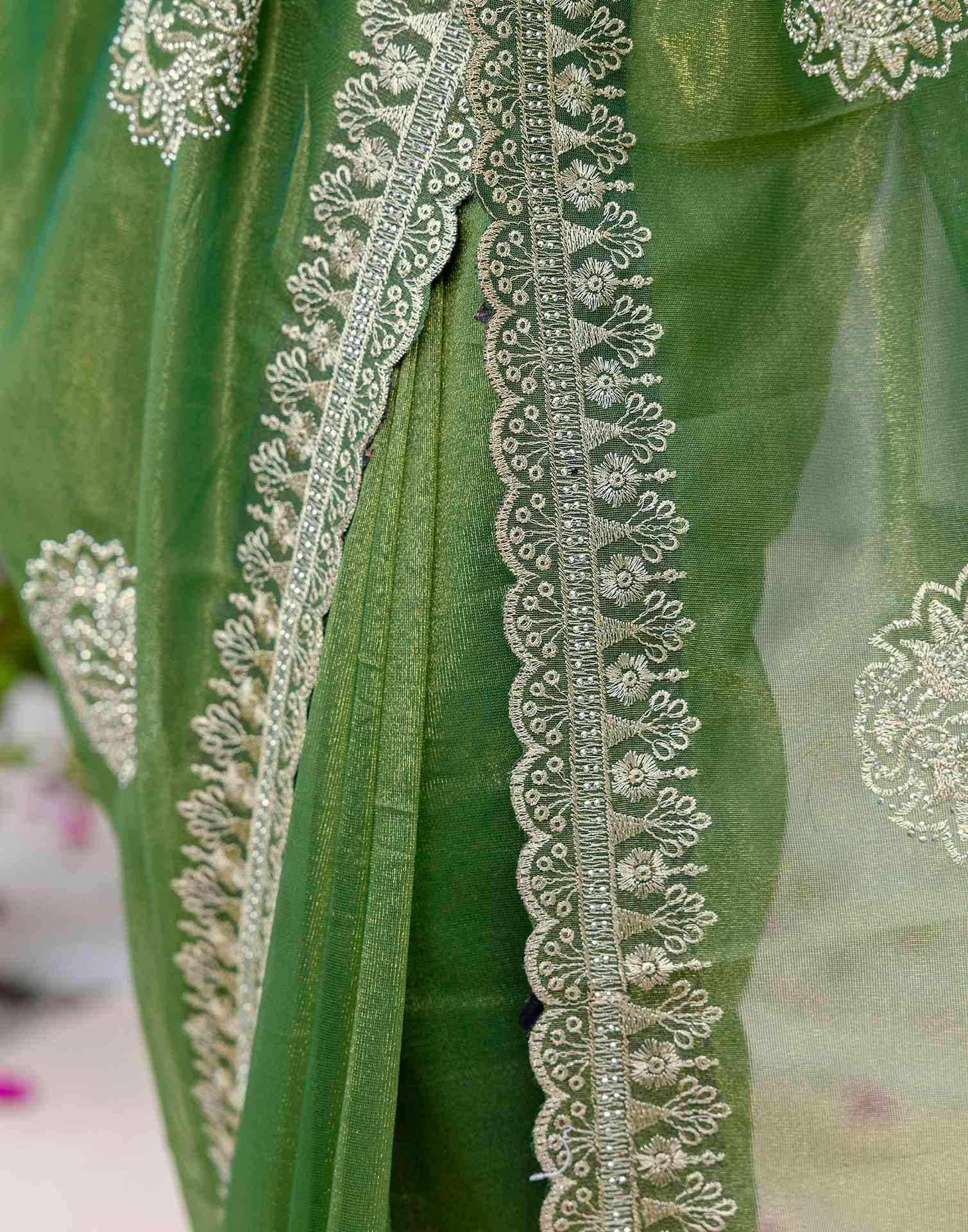 Mehandi Green Shimmer Embroidery Saree