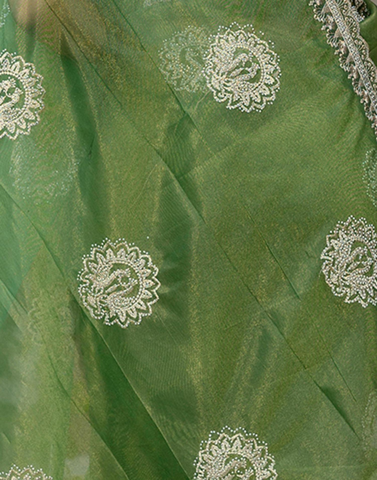 Mehandi Green Shimmer Embroidery Saree