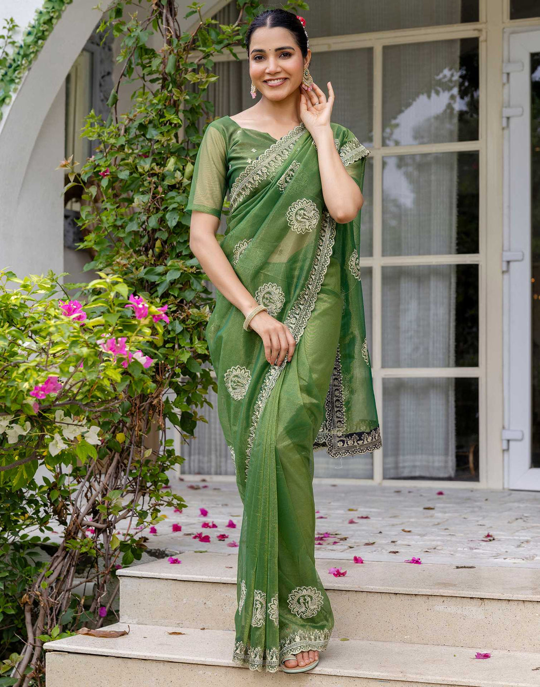 Mehandi Green Shimmer Embroidery Saree