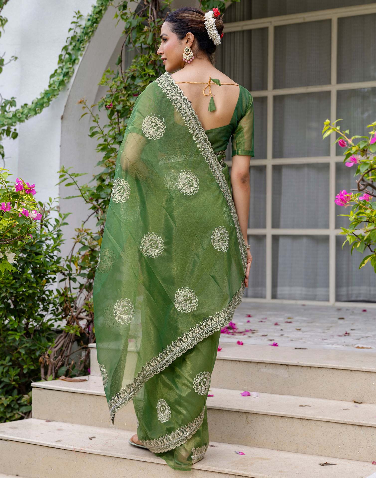 Mehandi Green Shimmer Embroidery Saree