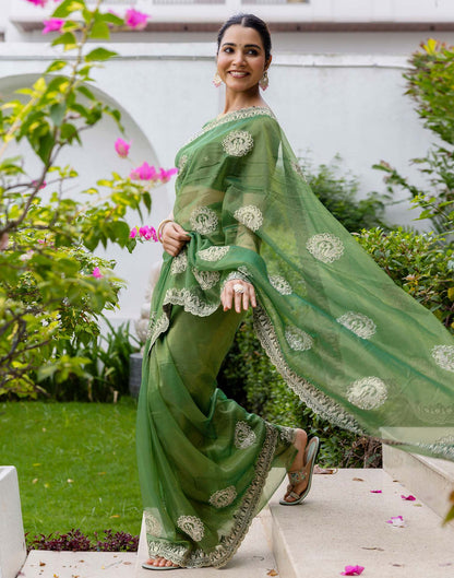 Mehandi Green Shimmer Embroidery Saree