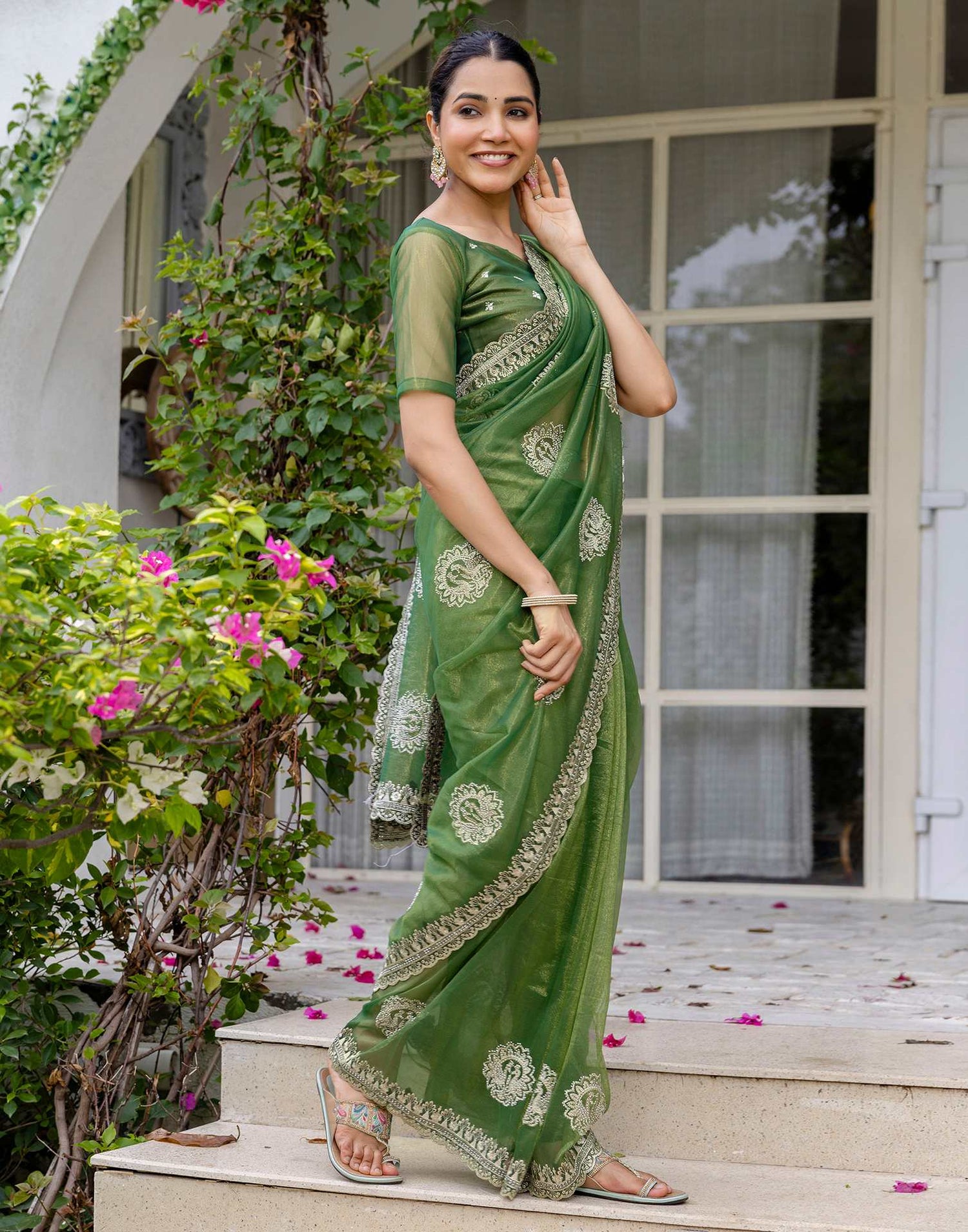 Mehandi Green Shimmer Embroidery Saree