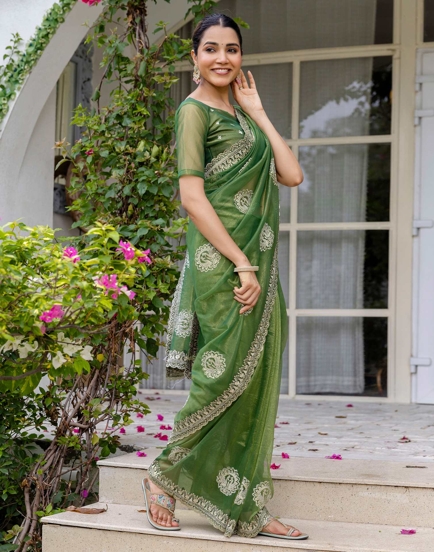 Mehandi Green Shimmer Embroidery Saree