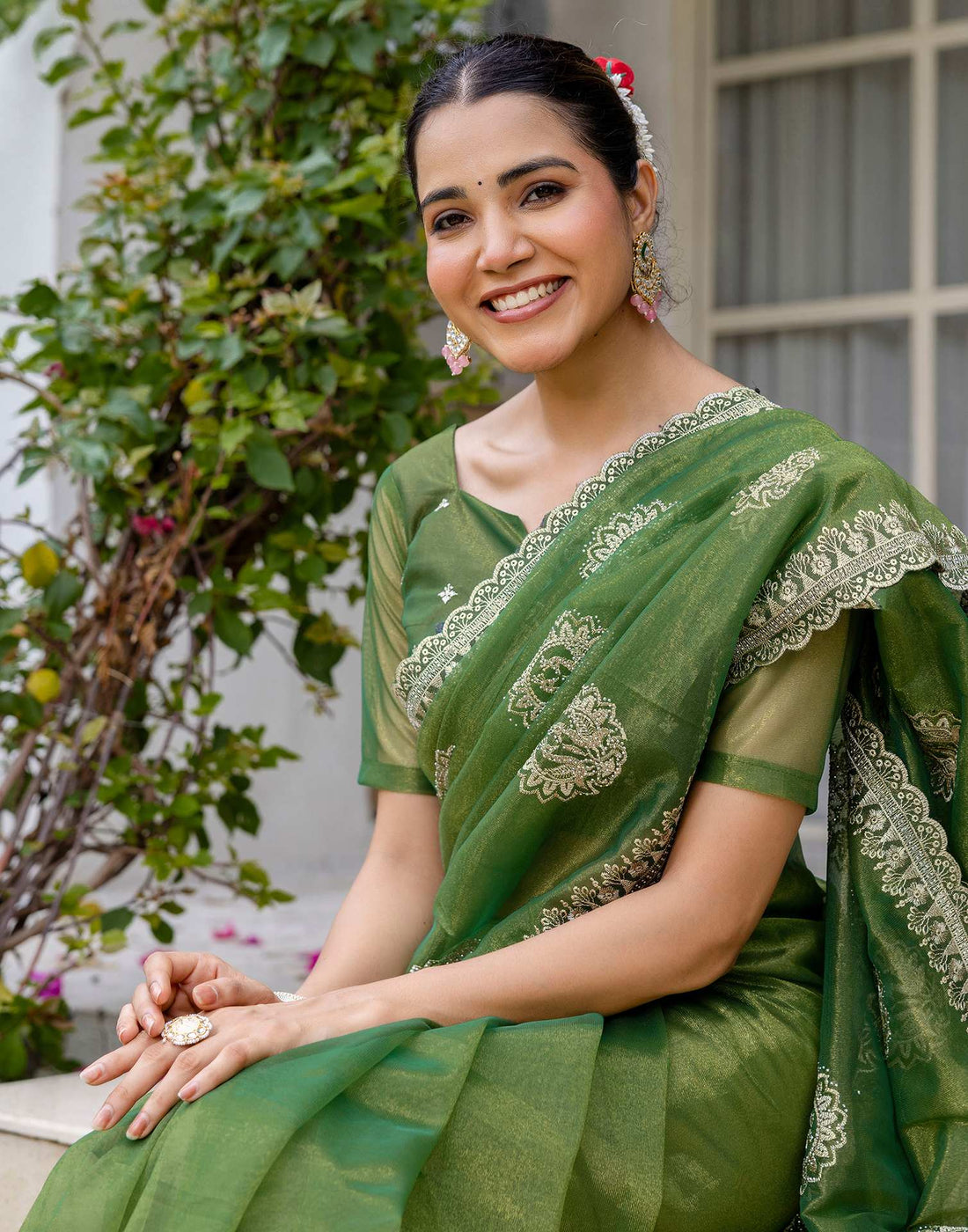 Mehandi Green Shimmer Embroidery Saree