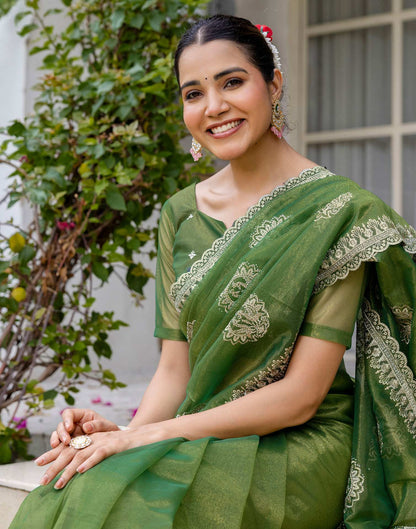 Mehandi Green Shimmer Embroidery Saree